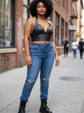 AKIRA Black Faux Leather Halter Crop Top with Buckle Detail